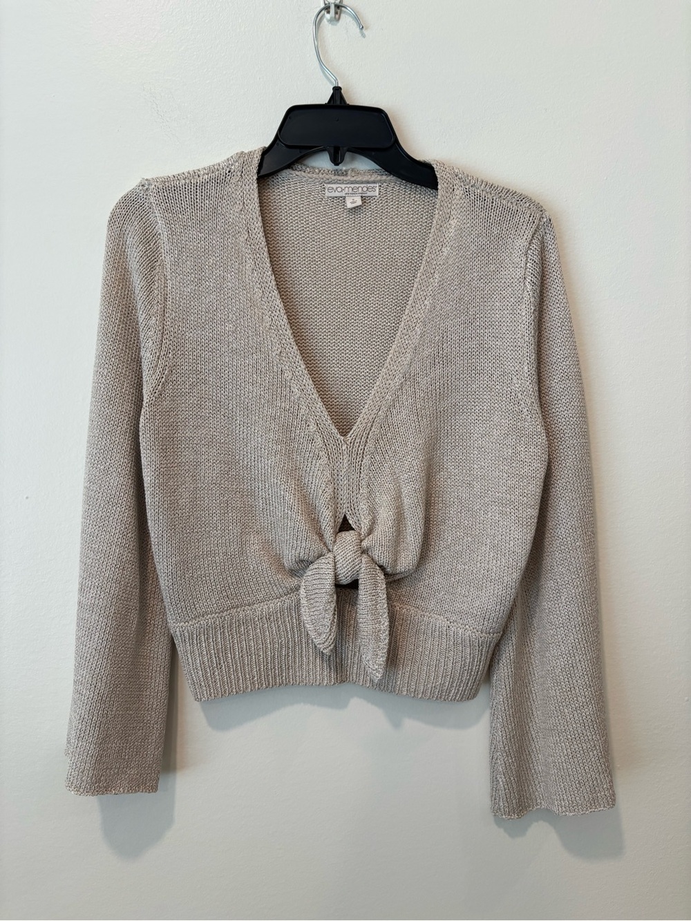 Eva Mendes Cream Tie-Front V-Neck Sweater